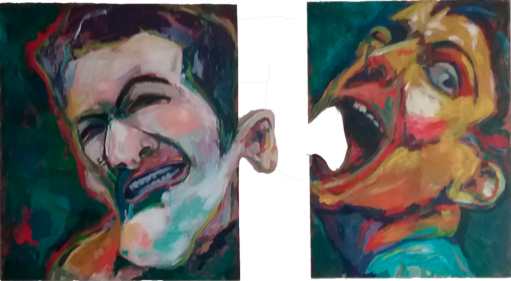 A contrapelo pintura Impotencia 1 hombre muerde la oreja de otro hombre, son 2 piezas separadas como puzzle