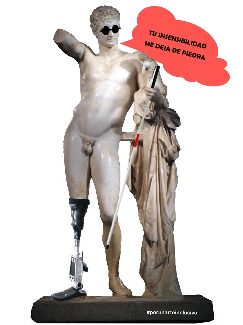 Apropiacionismo de la escultura clásica de Hermes con crítica social a la intolerancia sobre la discapacidad. El texto dice: "Tu insensibilidad me deja de piedra"