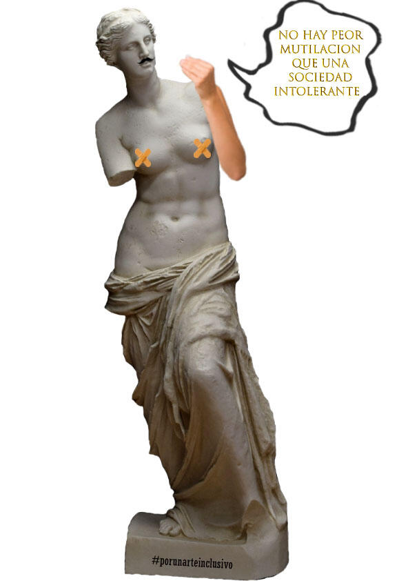 Apropiacionismo de la figura de Venus con crítica social a la intolerancia sobre la diversidad de género. El texto dice: "No ha peor mutilación que una sociedad intolerante"