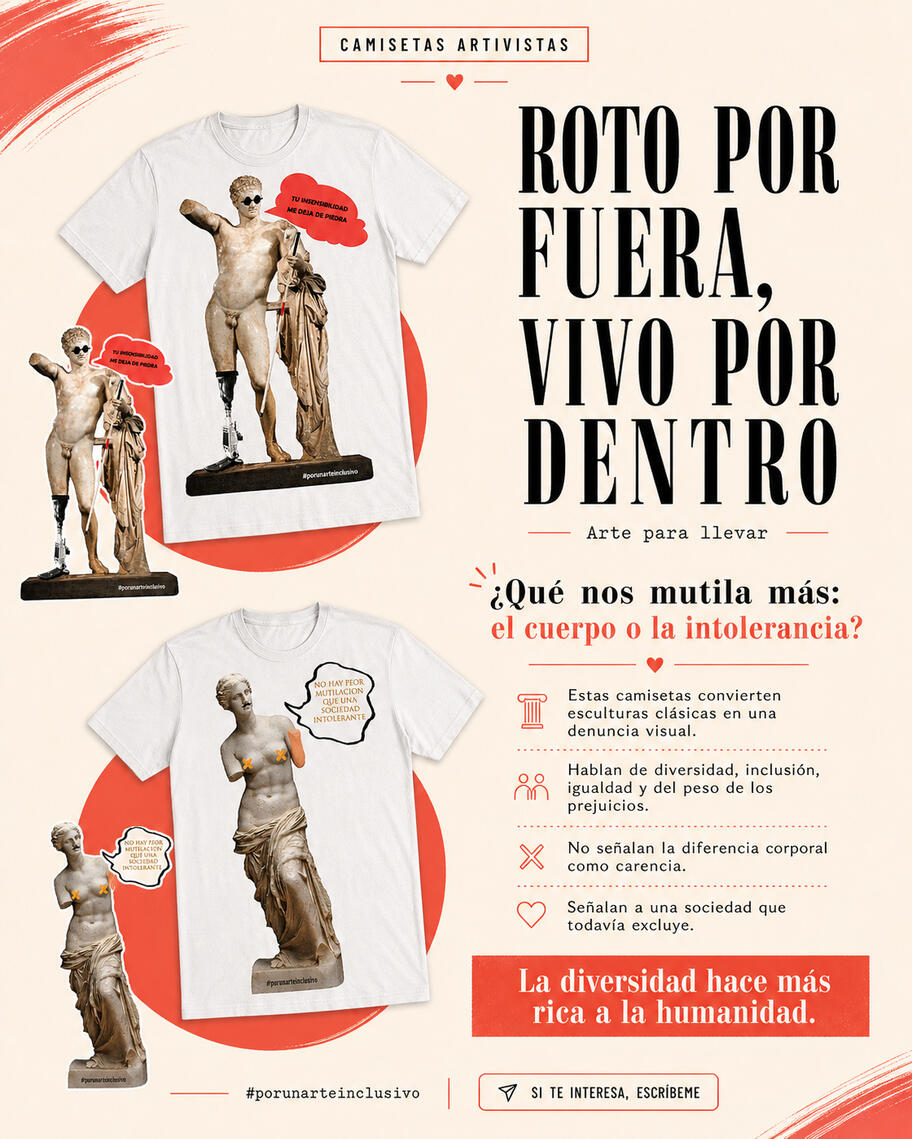 Camisetas por un arte inclusivo, donde hermes y venus están intervenidos por una causa social.