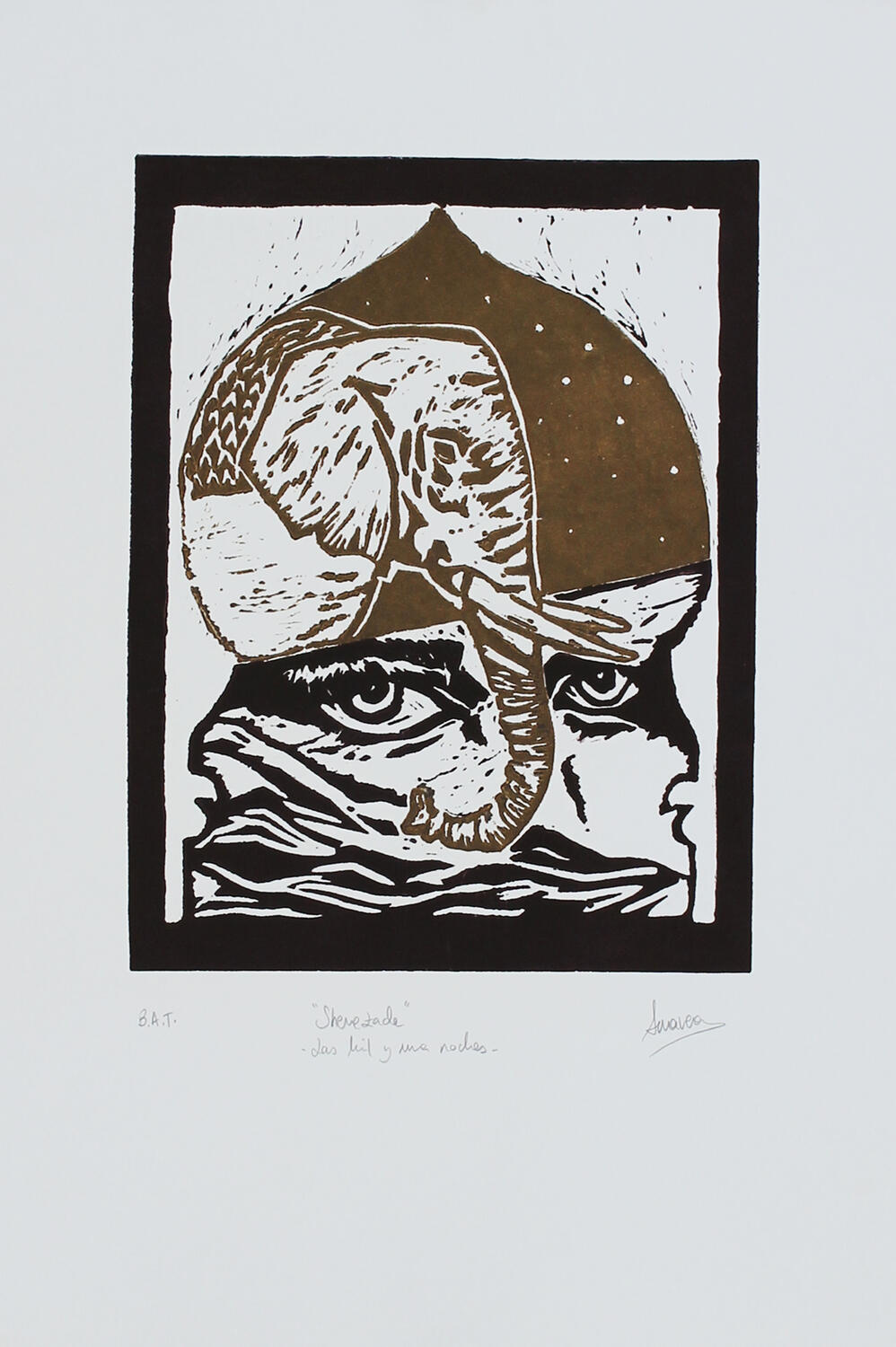 Sherezade linografia 2 tintas cabeza elefante y rostro mujer