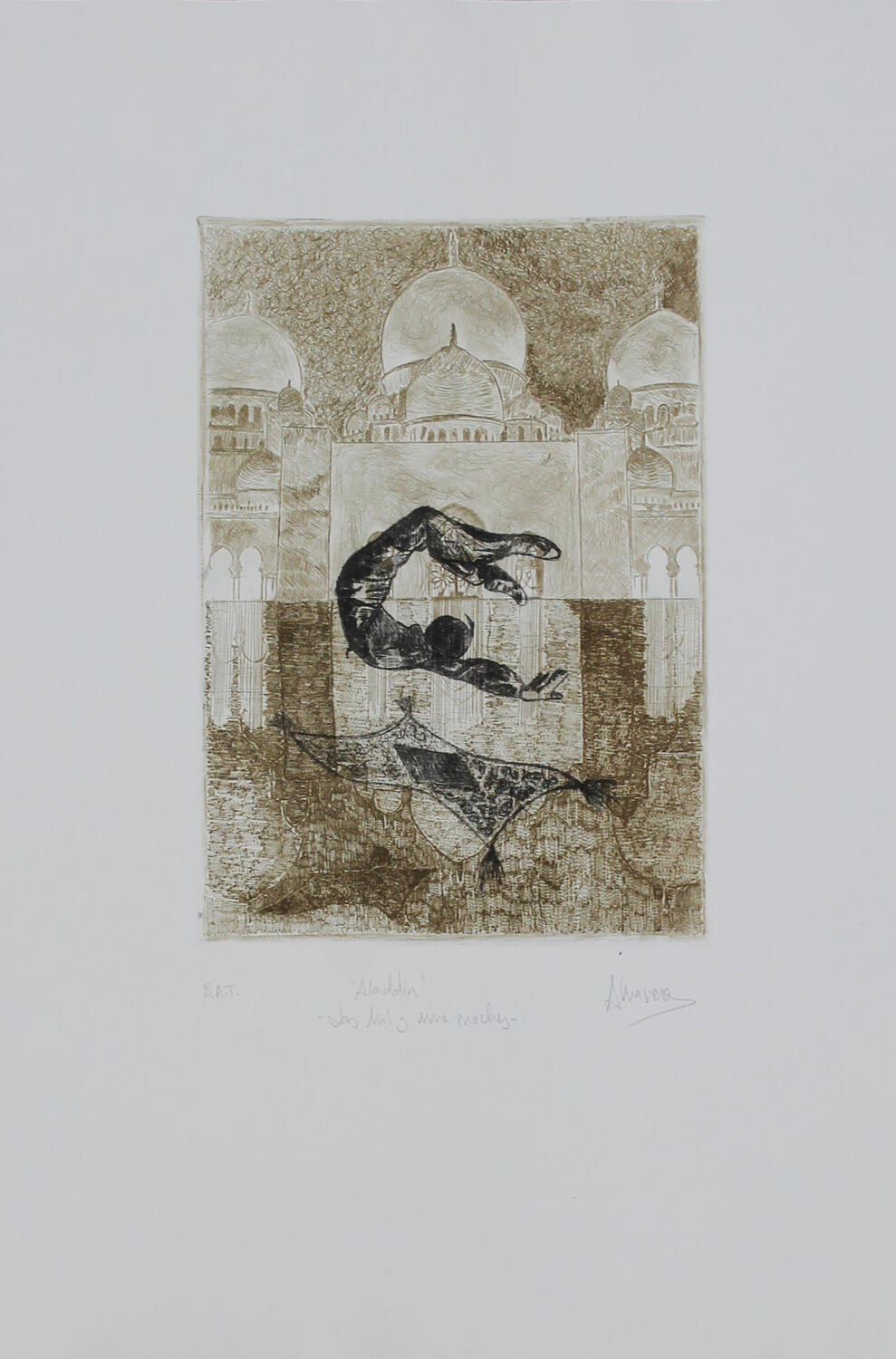 Grabado punta seca aladin saltando sobre alfombra con fondo de palacio