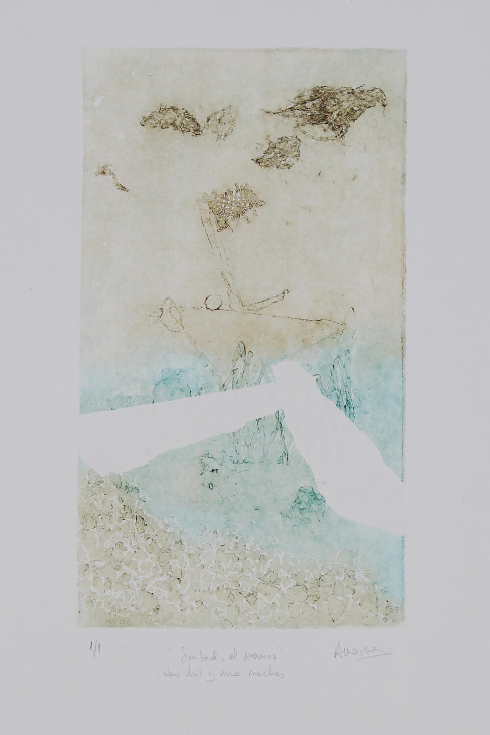 Grabado collagraph barco vela en mar