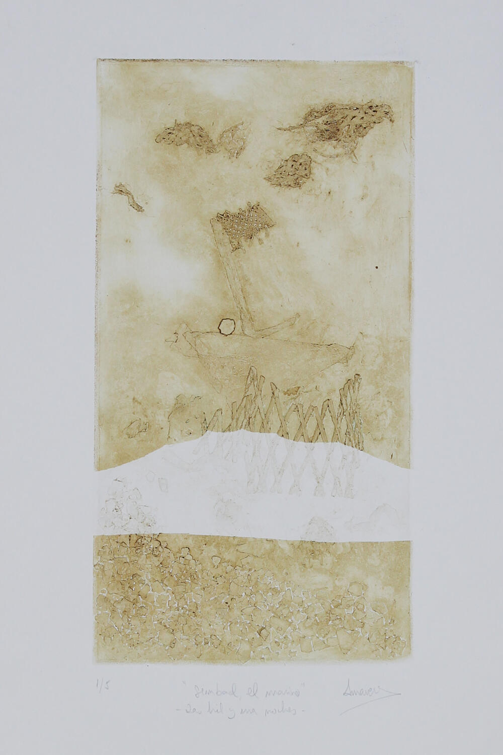 Grabado collagraph barco vela en mar