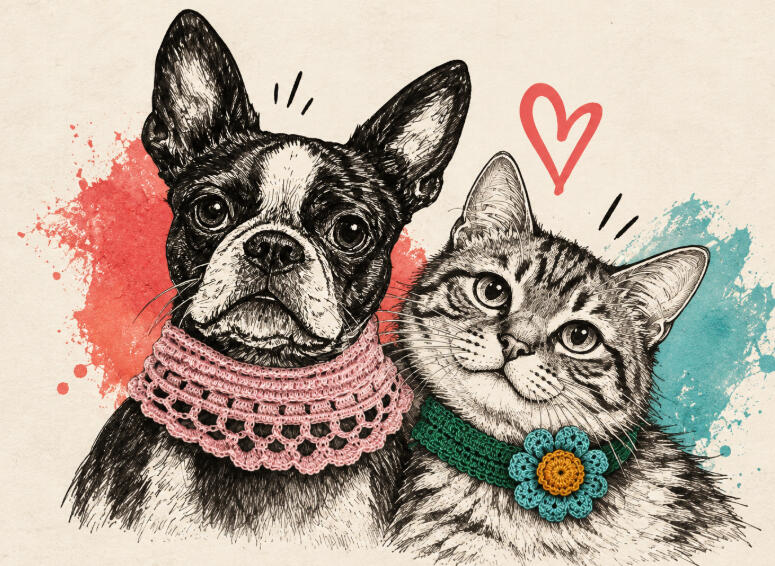 De Miaus y Guaus Retratos en grafito de mascotas y complementos de crochet realizados a mano.